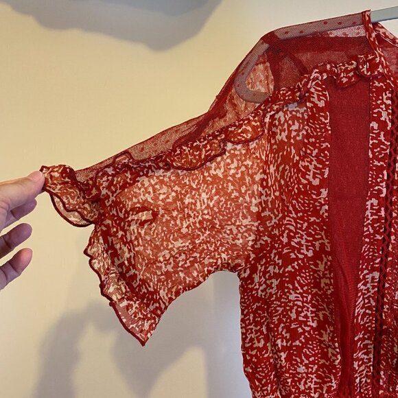NWT Anthropologie Floreat Red Print Ruffle Lace Sheer Dress - Picture 8 of 16